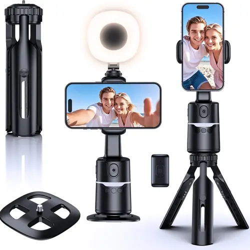 UBeesize 360° Auto Face Tracking Tripod with Light & Remote, Portable Desk Stand with Gesture Control, No App Needed for iPhone, TikTok Live Streaming & Vlogging