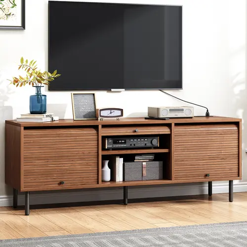 【FallDealsForYou】ONBRILL 59 Inch TV Stand for TVs up to 65 Inch, Entertainment Center with Power Outlet, Mid-Century Modern TV Console with Storage, Adjustable Shelf & Sliding Doors, TV Stand for Living Room