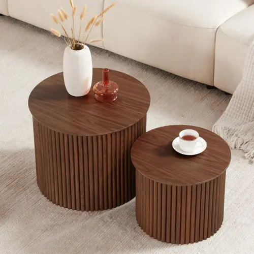 Giratree Small Fluted Round Nesting Coffee Table Set of 2, Mid Century Modern Coffee Table Circle Side Table, Wood Nesting Table Farmhouse End Tables Set for Living Room, Bedroom, Small Spaces