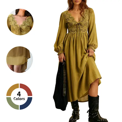 Chicovar Women's Boho Maxi Dress Lace V Neck Puff Sleeve Vintage Flowy Dress for Spring Date Nights, Vacation & Party, Festive Holiday Dress for Christmas | Low Iron Care, Sohochic