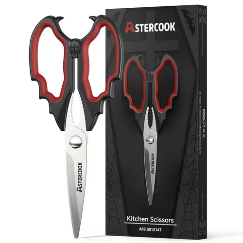AsterCook Gothic Design Unique Gothic Design Vampire Shape Kitchen Scissors - Ultra-Sharp Stainless Steel Cutting Tool, Ambidextrous Ergonomic Thick-Bladed Cooking Utensil, Serrated Single Pair Versatile Kitchen Tool for Prep Work