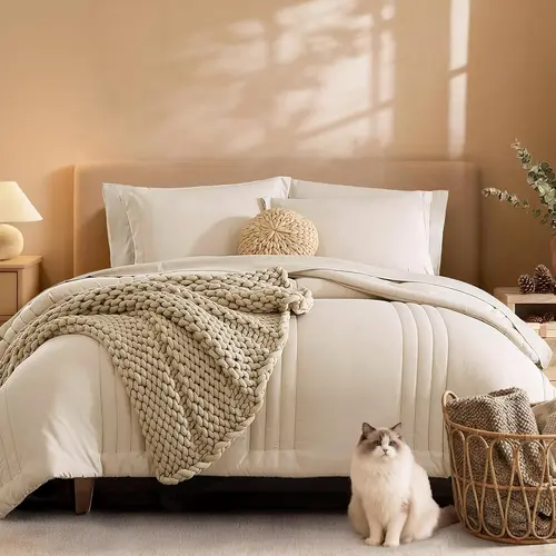【Summer Sales Deals】Monbix Queen size Comforter Set - 7 Pieces Apricot Beige Bed in a Bag Full Size Bedding Sets with Comforters, All Seasons Down Alternative Comforter with Sheets,Pillowcases & Shams King size comforter