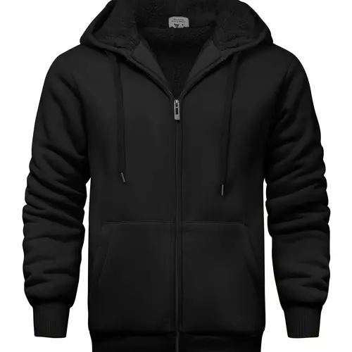ZITY Men's Black Full-Zip Cotton Hoodie - Soft Sherpa-Lined Heavyweight Fleece Sweatshirt, Plain Long-Sleeve Top with Drawstring, Breathable Fitted Athletic Winter Jacket (Mensfashion, Do Not Dry Clean)