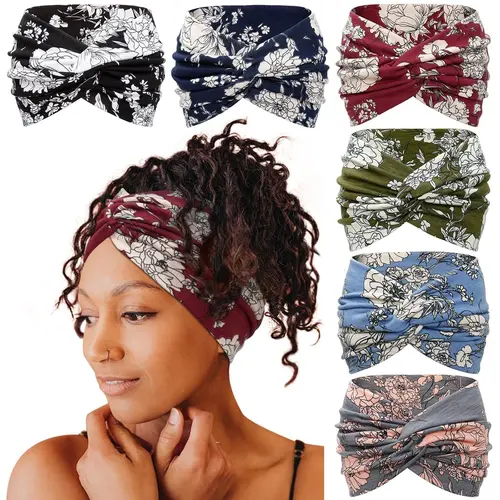 CUBIDUPI 6 Pack Boho Wide Headbands for Women, Stretchy Yoga Sweatbands, Breathable Workout Hair Bands, Elastic Bohemian Sports Headwraps for Running, Fitness, Makeup, Travel, Daily Wear & Fashion Styling