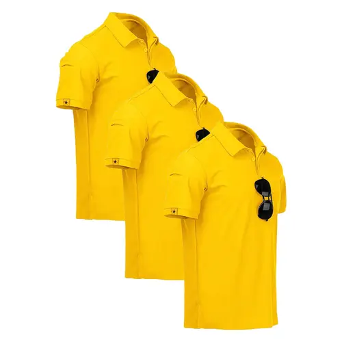 ZITY Men's 3-Pack Fitted Design Activewear Yellow Short-Sleeve Button-Front Polo Tops - Polyester-Spandex Stretch, Dry Fit Active, Soft, Breathable for Golf, Walking, Everyday Wear, Soccer Apparel