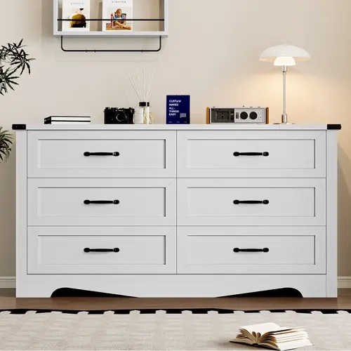 Modern 6-Drawer Engineered Wood Dresser - Durable Rectangular Storage Cabinet, Dresser for Bedroom, Natural Wood Texture, Metal Handles, Center Mount Slide, 47.24"w x15.75"d x29.52"h, Each Drawer:30lbs, Easy Operation, Sleek Organizer, Assembly Required