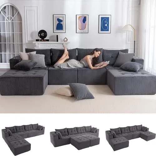 MAXYOYO Boneless Couch, 129.5-Inch U Shaped Modern Cloud Couch with 2 Ottomans, Sofa in A Box, Tufted 6-Seat Boneless Sleeper Chair for Living Room, No Assembly Required, summer sale