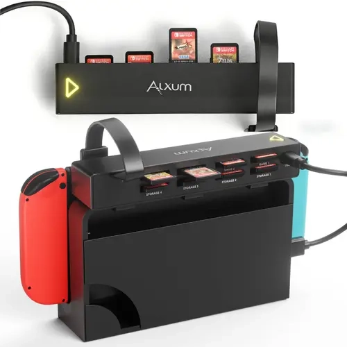 Alxum Game Switcher Card Reader for Nintendo Consoles - Gaming Accessory with 1-Click Swap, USB-C Input Hub, USB-Powered, Anti-Slip & Anti-Scratch Clips, Easy to Install, Spring-Loaded Locking Slots, LED Button, Effective Protection (Black)