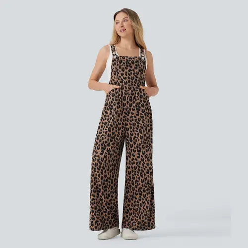 Halara Leopard Print Waffle Casual Overalls with Pockets