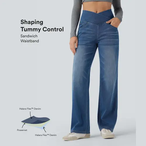 Halara Flex™ Crossover High Waisted Tummy Control Casual Straight Leg Jeans with Pockets