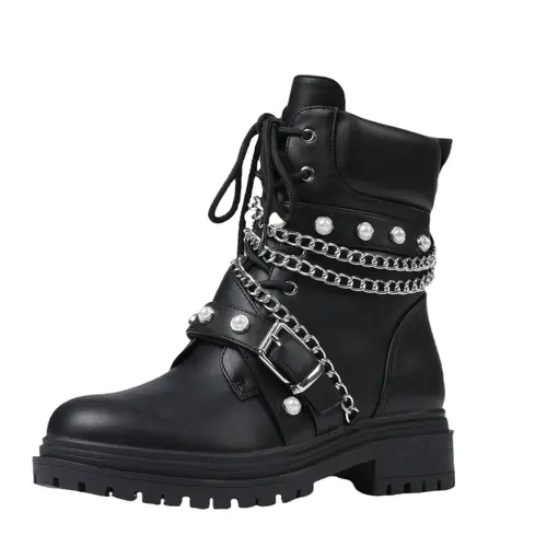 AMINUGAL Women's Lightweight PU Leather Stud Combat Boots - Lace-Up Round Toe Military Ankle Booties with Chain, Pearls, Side Zipper, Rubber All-Weather Grip, All-Seasons Shoes for Women
