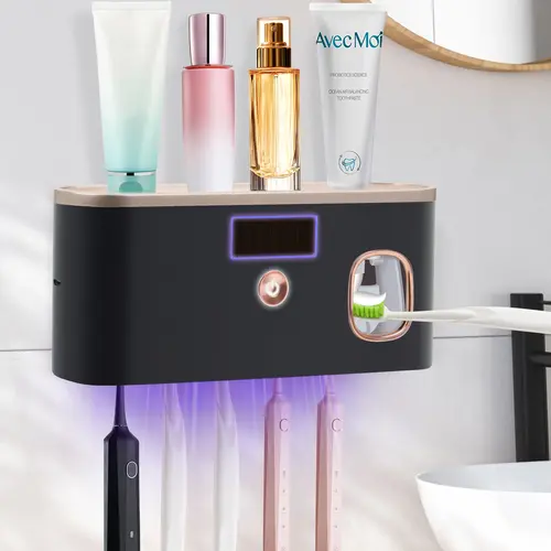 PHANCIR NEW Toothbrush Holder for Bathrooms,5-Slot Wall Mount Toothbrush Sanitizer & Timing Function Wall Mounted with Toothpaste Dispenser for Electric / Regular Toothbrush