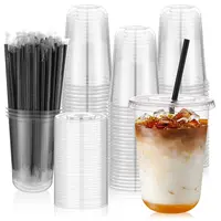 100-Pack BPA-Free Straw-Ready Transparent U-Cup Disposable Plastic Cups (400ml), Lightweight Leak-Proof Round-Bottom Drinkware with Lids & Black Straws, 100-Pack for Events, Ideal for Christmas, Birthday Parties & Any Beverage