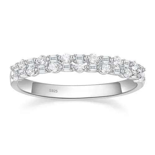EAMTI 925 Sterling Silver Wedding Bands for Women Baguette Round Cubic Zirconia Two-Row Eternity Band Stackable Engagement Rings