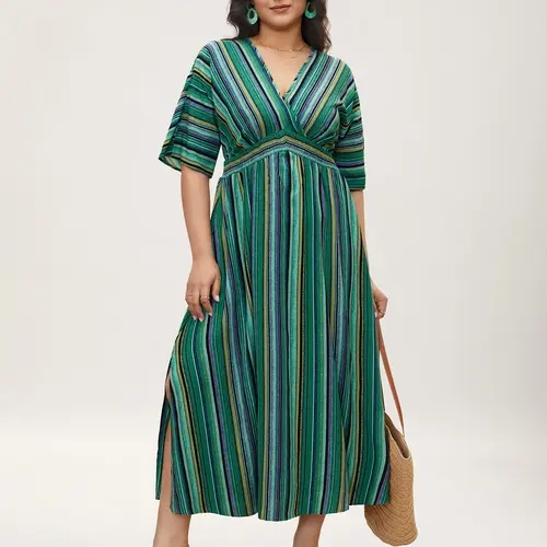 BloomChic Striped Contrast Dolman Sleeve Shirred Pocket Split Flutter Dress 【M-6XL】