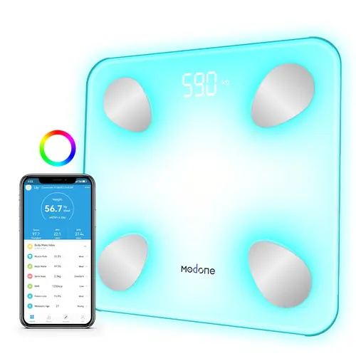 MODONE Smart Scale for Body Weight, Digital Bathroom Scale for BMI and Body Fat, 7-Color Glowing Remote Display, Body Composition Monitor with Smartphone App