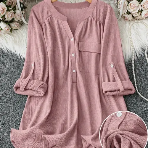 LUNE Plus Size V Neck Blouse with Pockets, Casual Roll-Up Sleeve Design, Comfortable Daily Wear Top for Women