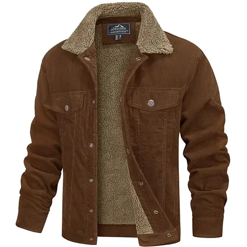 MAGCOMSEN Menswear Corduroy Jacket - Men's Classic Soft Button-Front Trucker, Sherpa-Lined Cotton Long Sleeves, Turn-Down Collar, 5-Pocket, Fitted Cut, Solid Color, Party/Street Ready Style, Easy to Style Warm Coat