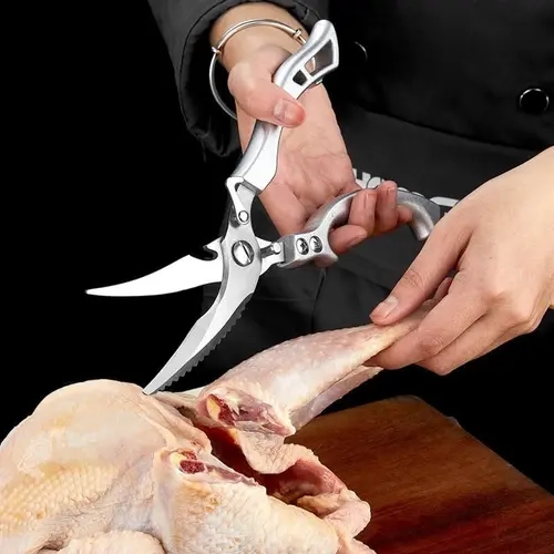 Poultry Shears Heavy Duty Professional, Multipurpose Kitchen Shears, Spring-Loaded Stainless Steel Chef Scissors Cutting Bone, Chicken, Fish, Food, Meat, Full Steel Handle Silver