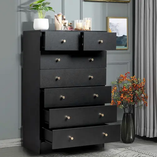 FCH Black Matt Gold Rectangular Particle Board Storage Cabinet - 66*33*104cm, 6-Layer, 7-Drawer, Modern Chest Drawers, Apartment Cabinet, Bedroom Dresser Organizer, Indoor Home Decor Blend, Requires Assembly, Perfect Gift