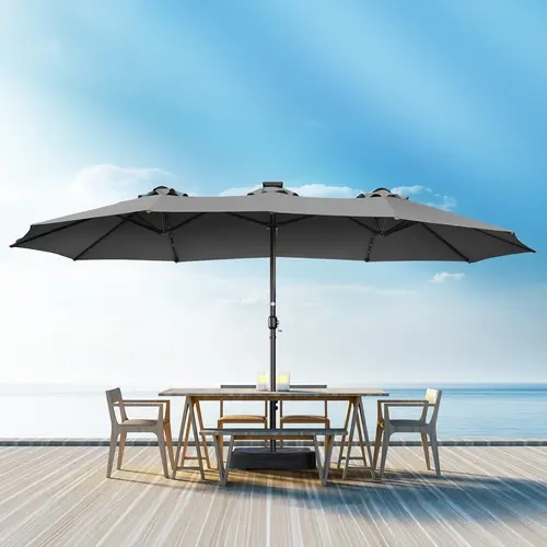 15/13ft Round Cantilever Solar LED-Light Double-Sided Patio Umbrella - Outdoor Furniture Solar Parasol, Stable Steel Alloy Frame, 12-Rib Heavy-Duty Corrosion-Resistant, Crank Lift, Included Base, UV Defense Outdoor Shade Canopy for Deck, Pool