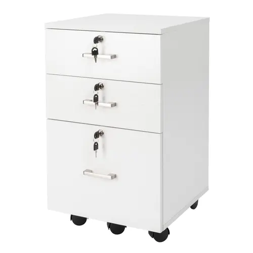 FCH Modern Lockable 3-Drawer Rolling File Cabinet - Sturdy White Wood Grain Formaldehyde-Free P2 Board, 4 Lock Wheels, 3-Drawer Access, 44.09lbs, Assembly Required, Letter Size Home Office Furniture (Bedroom, Cafe, 15.75x15.75x26.1in)