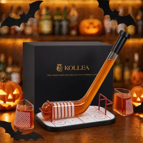 Kollea Ice Hockey Glass Whiskey Bottle with 2 Goal Glasses,Hockey Stick Bottle&Rink Base,with Luxury Gift Box,Glass Craft,Halloween Party Decor,Party,Anniversary&Birthday Sporty style Gifts for Men,Husband,Coach,Decanter Set Bar accessories, soho chic gif