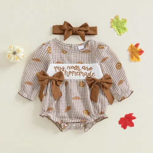 Infant Baby Girl Thanksgiving Outfit Plaid Croissant Letter Embroidered Long Sleeve Romper and Headband Fall Winter Set 0-18 Months