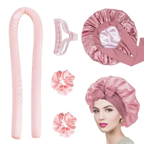 GJFTP Women's Heatless Hair Styling Kit for Adults - Silk Bonnet, Curl Rods, Soft Flannel Headband, Satin-Lined Sleep Cap for Bouncy Results (Overnight Home Use, Christmas/Birthday Gift for Daughter, Hair Styling Accessories)