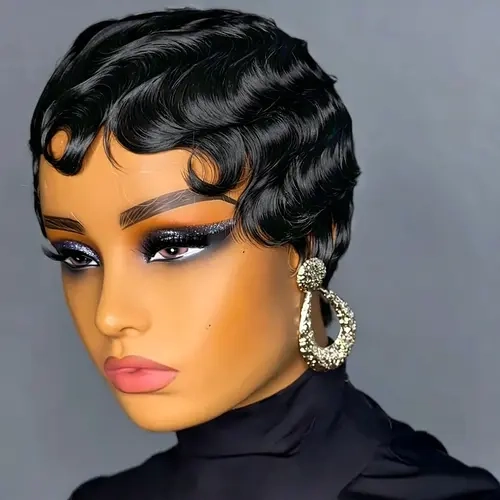 ShowRealHair Finger Wave Wigs Short Wavy Finger Wave Pixie Cut Wigs 13x4x1 T Part Lace Wavy Wig Brazilian Human Hair Wigs Finger Ocean Wave Wig