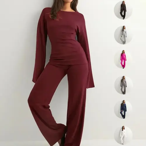 Women's New Fall Solid Fitted Round Neck Flare Sleeve Top & Elastic Waist Straight Leg Pants Set, Long Sleeve Casual Basic Fashion for Daily Wear Outfit Suits Clothes