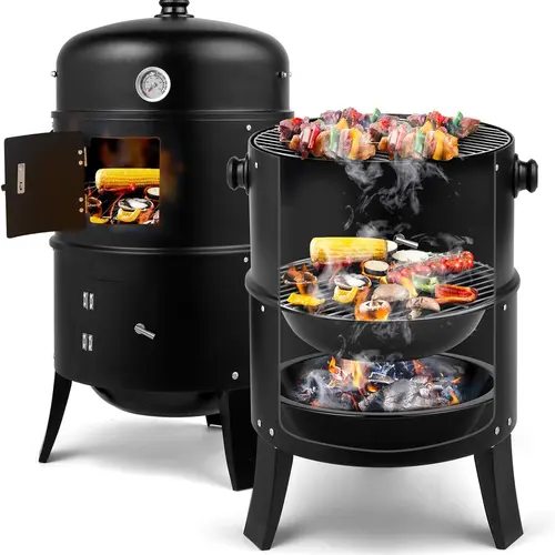 【Summervibes】Ubesgoo Vertical 17 Inch Charcoal BBQ Smoker, 3-in-1 Portable Outdoor Grill Cooker With Built-in Thermometer For Outdoor Backyard Cooking Grilling Camping