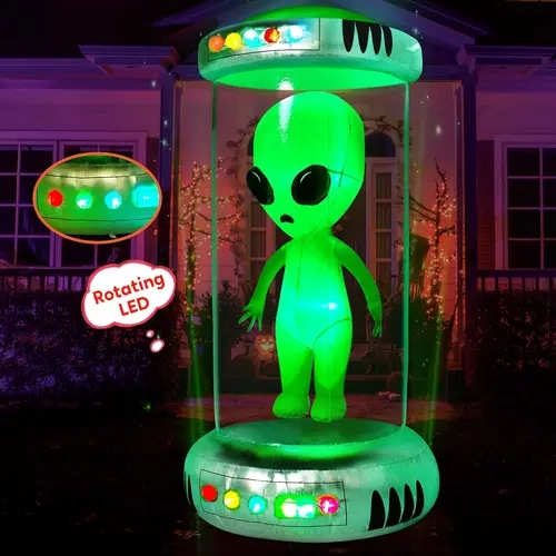 Ubesgoo 8.2 ft Corded Waterproof UFO Shape Halloween Inflatable with Alien, Animated RGB LEDs - Pre-Lit Yard Decor, Outdoor Home Event Party Supplies