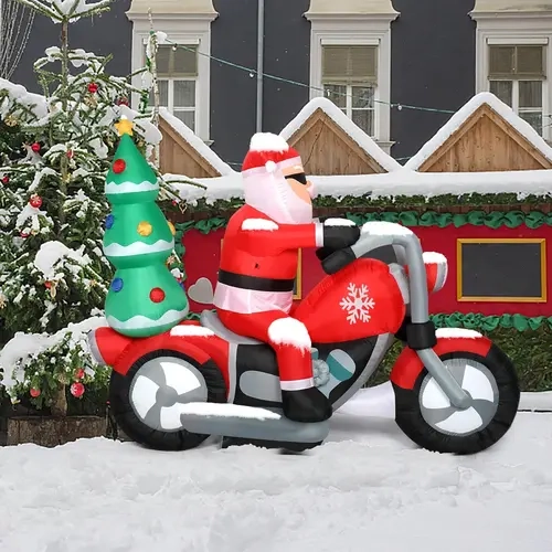 Motorcycle-Riding Santa Claus Decoration, 6ft Corded 18W 7-LED Figure, 1 US Plug, 2 x 2m Pull Cords, 4 Ground Rods, Outdoor Christmas Home Festive Decor for Warm Holiday Atmosphere