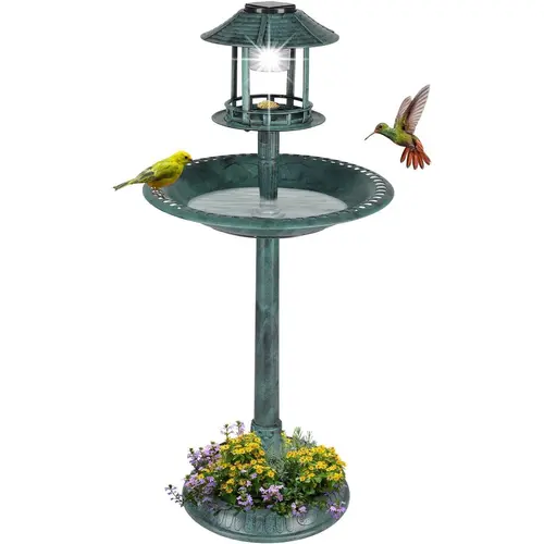 Ubesgoo 2-in-1 Outdoor Bird Bath, Solar Lamp & Bird Feeder, Resin Flower Planter Pedestal, Sturdy Garden Decor for Patio & Yard