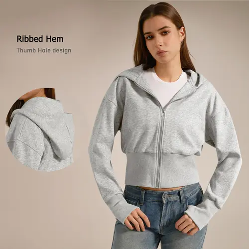 TIMEOFF Women's Cropped Zip-Up Hooded Gym Jacket - Long Sleeve, Cozy Sporty Chic Sports Outerwear with Hooded Feature for Casual Daily Use & Athletic Fitness