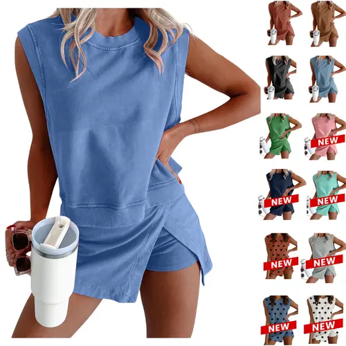 Yeokou Womens 2 Piece Washed Cotton Outfits Tank Top Skort Set Casual Summer Tracksuit with Side Slit & Built-in Shorts, 2 Piece Sets, Athleisure,summerwins