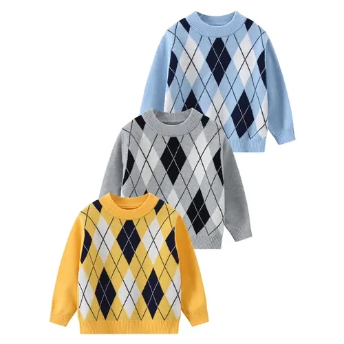 #falloutfits  Boys' 3-Piece Classic Crew Neck Long-Sleeve Warm Knitted Top Set, Festive Preppy Diamond-Pattern Outfit, Cozy Autumn Winter Kids Sweater for 3-14 Year Olds Casual Soft Clothing