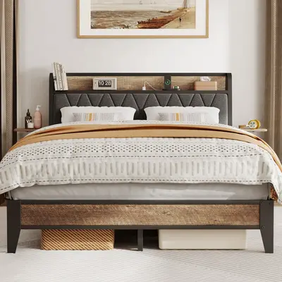 【DealsforYou】ONBRILL Twin/Queen/King Size Bed Frame, Upholstered Platform Bed With Charging Station Ergonomic Headboard And Side Storage Shelf, Noise-Free, BedRoom Furniture, Bed Frames For Queen, Queen Sized Bed Frame