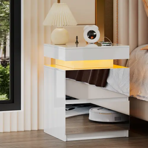 Miu Nightstand Gun Drawer with USB & Type-C Port Automatic Sensor LED Light Modern Design for Office & Bedroom Storage Includes Charging Station Magnetic Attraction Lock Stylish Bedside Table