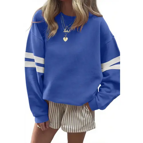 Mntaor Women's Game Day Casual Sweatshirt 2025 Varsity Striped Detail Drop Shoulder Long Sleeve Pullover Tops-Winteroutfit Oversized Crewneck