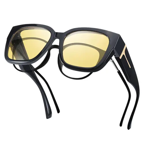 【Night Driving Glasses】Women's Full Rim Lightweight Polarized Fit-Over Sunglasses, Anti-Glare Polycarbonate, Trendy Styling, Night-Safe Vision, Standalone Fashion Accessory, C01 Black, Style IF7511, Trendy Styling Sunglasses
