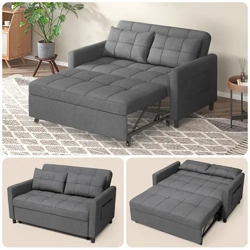 Gizoon 3-in-1 Convertible Pull-Out Sofa Bed - 52.4in Pullout Loveseat Sleeper with 2 Pillows, Fixed Arms, Metal Frame, Hidden Pocket Stash, Chaise to Bed, Couch for Living Room, 1-Box Delivery, for Small Spaces, Assembly Required, Dark Grey