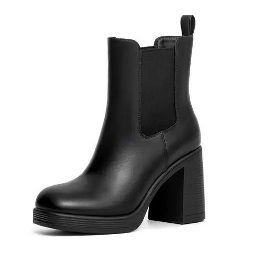 Women's Square Toe Platform Chelsea Boots - Chunky Block Heel, Comfortable Heels, Slip-On Ankle Shoes, Classic Casual All Seasons Footwear for Party, Office
