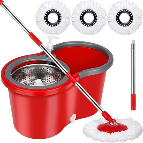 Red Floor Mop and Plastic Bucket System Home Cleaning Bundle - Adjustable Length Stainless Steel Pole, 3 Absorbent Microfiber Mop Heads, Wring System for Vinyl, Hardwood Surfaces, Fits All Heights