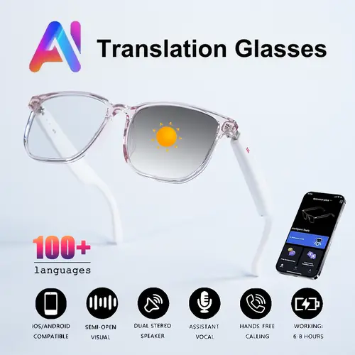 Lightweight AI Smart Glasses for Women with Real-Time Translator Music Calls & More 160 Languages ChatGPT Microphone Speaker HD Voice Calls Hands-Free Calling photochromic lenses Suitable for Riding Driving Travel Wearable