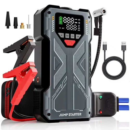 10-in-1 Portable Battery Powered Car Jump Starter with Built-in Batteries, 19800mAh Peak Power Pack, 150PSI Tire Pump, Plug-and-Play Polarity-Free Start, F6 Feature, LED Lights, Emergency Prep for 8.0L Gas/6.5L Compression Engines