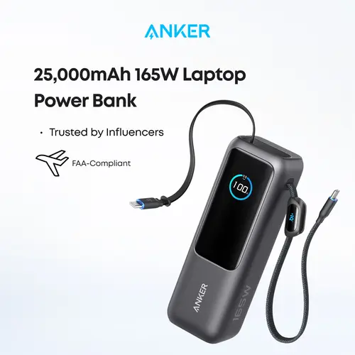 [Limited Offer]Anker 25,000mAh 165W Laptop Power Bank with Built-In and Retractable Cables for Travel and Work, Fast Charging for 4 Devices#DealsForYouDays