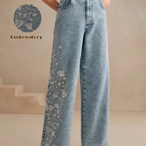 Women's embroidered, personalized, washable straight-leg, elastic, comfortable and versatile trousers Jean High Quality Jeans