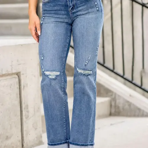 【Black Friday】Women's Stretchy Elastic Fitted High Waist Button-Front Ripped Woven Denim Jeans with Rolled-Up Cuffs, Casual Trendy and Fashionable for All Seasons